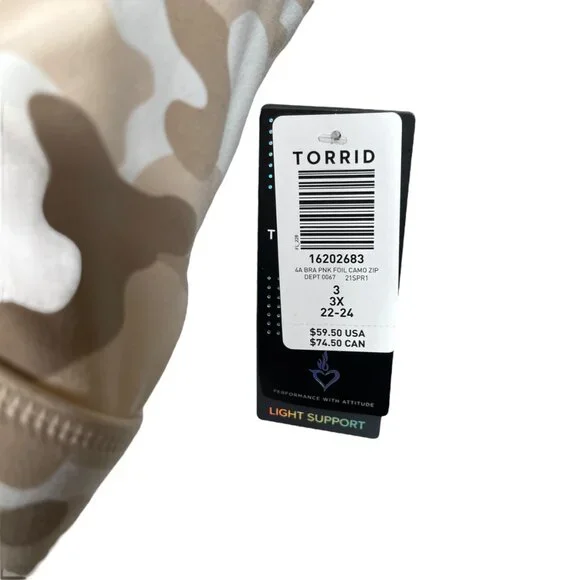 Torrid Active Sports Bra Size 3 US 3X Beige Camouflage Light Support Wireless - Picture 6 of 8